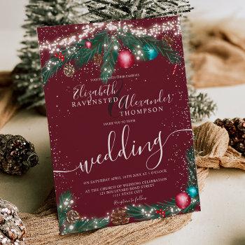 festive christmas lights pine branch snow wedding invitation