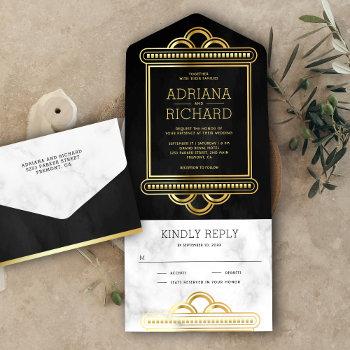 fish scale black and gold art deco marble wedding all in one invitation