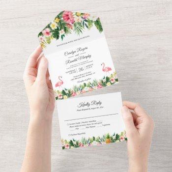 flamingos tropical palm leaves floral wedding all in one invitation