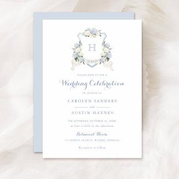 floral blue hydrangea crest monogram wedding invitation