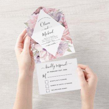 floral boho dusty pink purple wedding rsvp all in one invitation