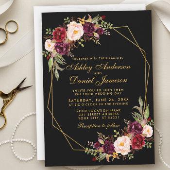 floral burgundy geometric black gold wedding invitation