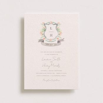 floral crest watercolor monogram wedding invitation
