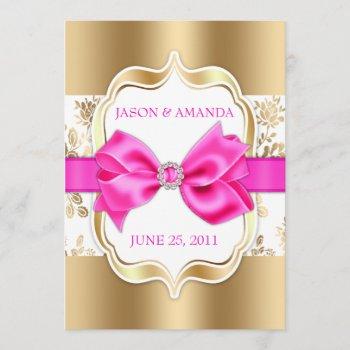 Small Floral Damask Wedding Invite W/ Bow [gold & Pink] Front View