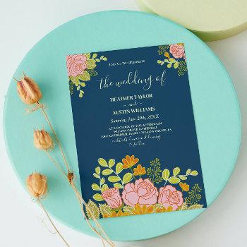 floral dark navy blue wedding botanic invitation