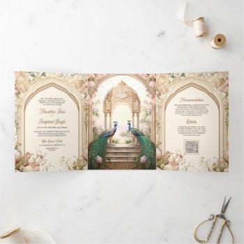 Small Floral Garden Peacocks Indian Palace Wedding Tri-fold Front View