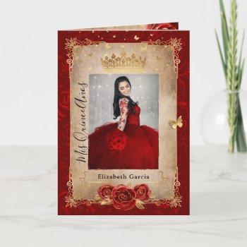 floral gold and red quinceañera photo folded invitation