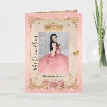 floral gold blush pink quinceañera photo folded invitation
