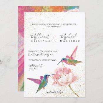 floral hummingbirds gold watercolor wedding invitation