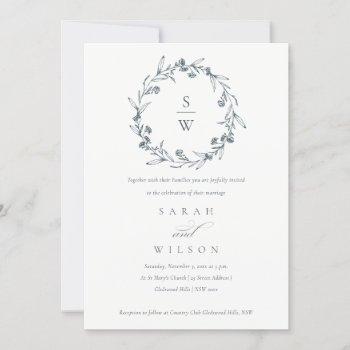 floral laurel wreath monogram wedding invite