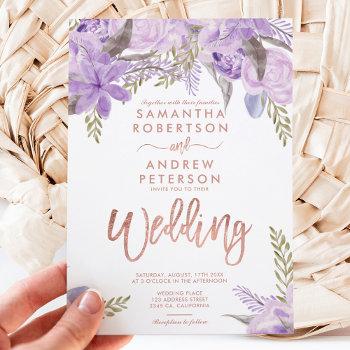 floral lavender purple watercolor rose wedding invitation