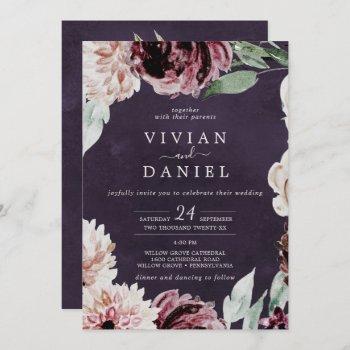floral romance all in one | plum wedding invitation
