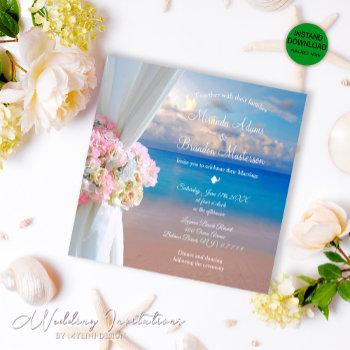 floral summer sunset tropical ocean beach wedding invitation