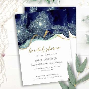 Small Fluid Abstract Navy Glitter Baby Shower Invite Front View