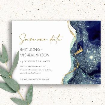 fluid abstract navy glitter save the date invite