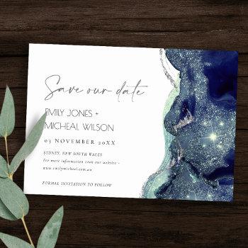 fluid abstract navy silver save the date invite