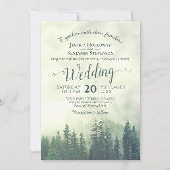 foggy green mountain pines rustic outdoors wedding invitation