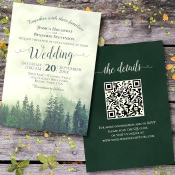 foggy green mountain pines rustic qr code wedding invitation
