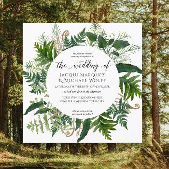 forest ferns foliage wedding watercolor wreath invitation