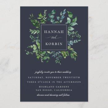forest foliage frame navy blue wedding invitation