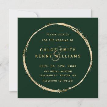 forest green rustic gold circle wedding square invitation