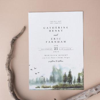 forest lake woodland watercolor wedding invitation