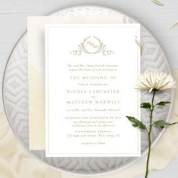 formal champagne monogram, watercolor wedding invitation