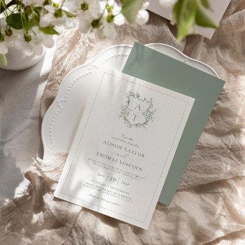 formal crest sage green monogram wedding invitation