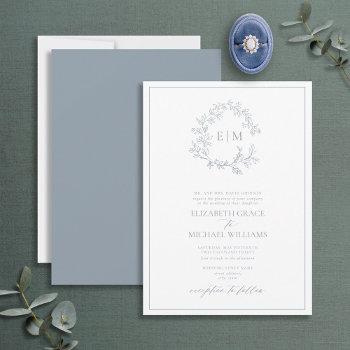 formal dusty blue leafy crest monogram wedding invitation
