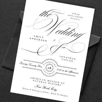 formal elegant black calligraphy black tie wedding invitation