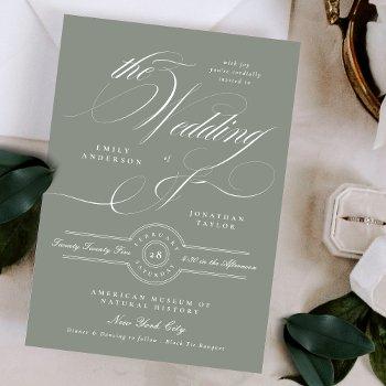 formal elegant calligraphy sage green wedding invitation