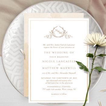 formal monogram beige cream watercolor wedding invitation