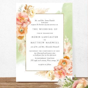 formal peach blush floral green watercolor wedding invitation