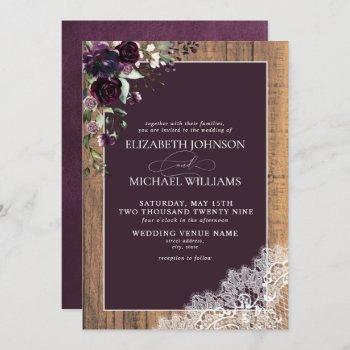 formal plum purple rustic wood script wedding invitation
