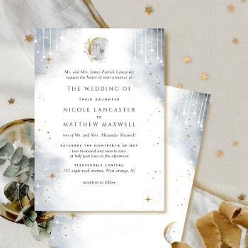 formal white gold silver starry celestial wedding invitation