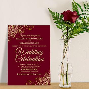 frilly gold burgundy maroon simple elegant wedding invitation