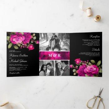 fuchsia hot pink roses photo collage black wedding tri-fold invitation