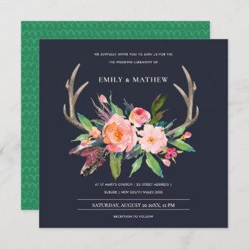 fun boho navy blush antler floral country wedding invitation