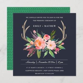Small Fun Boho Navy Blush Antler Floral Country Wedding Front View