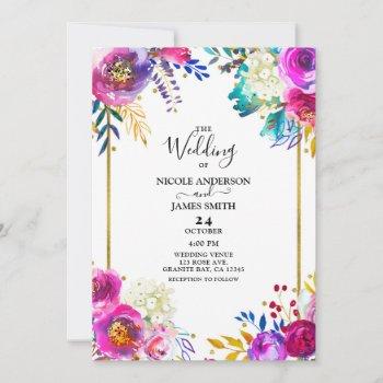 fun bright bold color watercolor floral wedding invitation