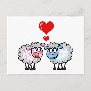 funny cartoon sheep, wedding couple postcard