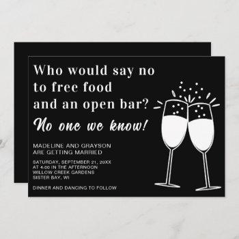 funny free food open bar casual wedding invitation