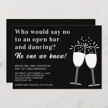 funny open bar dancing casual wedding invitation