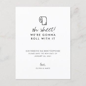Small Funny Roll With It New Date Wedding Postponement Announcement Post Front View