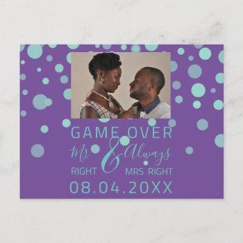 Small Game Over Funny Save The Date Wedding Purple Photo Post Front View