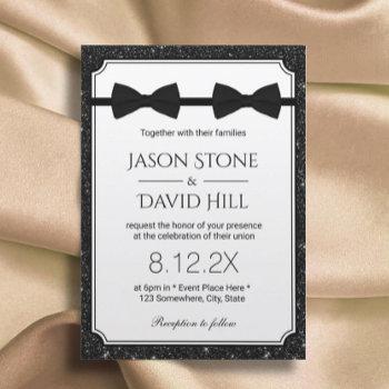 gay wedding double bow ties modern black glitter invitation