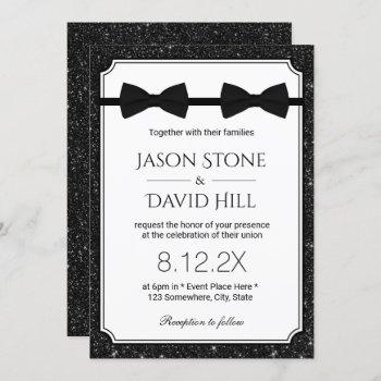 gay wedding double bow ties modern black glitter invitation