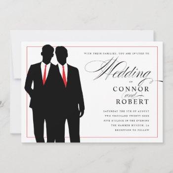 gay wedding invitation two grooms silhouettes red