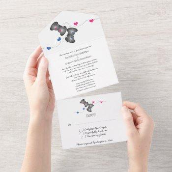 Small Geeky Gamers All In One Wedding Invite | Pink/blue Front View