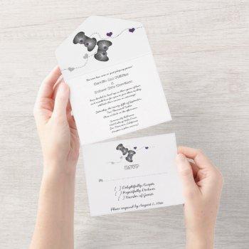 Small Geeky Gamers All In One Wedding Invite | Purple Front View